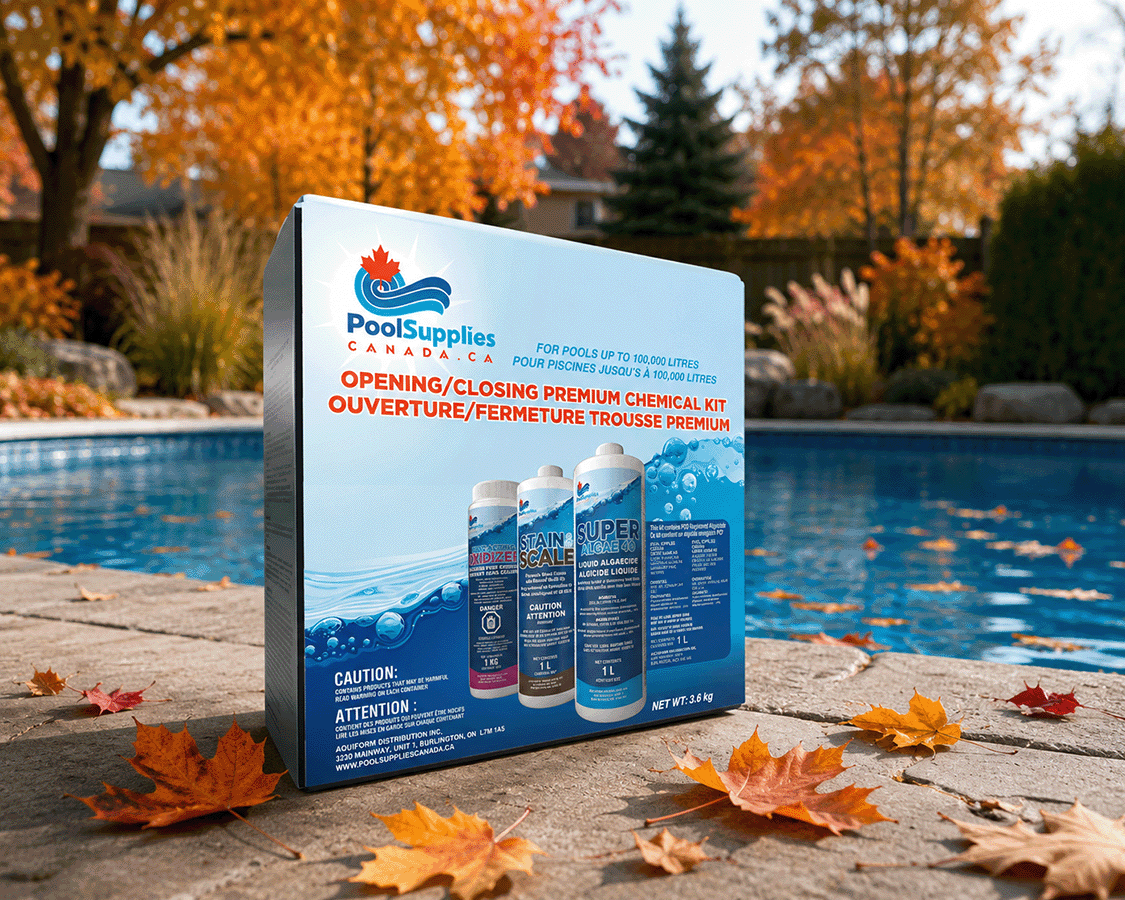 Pool Supplies Canada Premium Pool Chemical Kit beside a pool