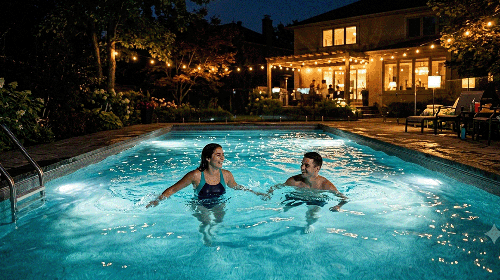 Heated backyard swimming pool at night