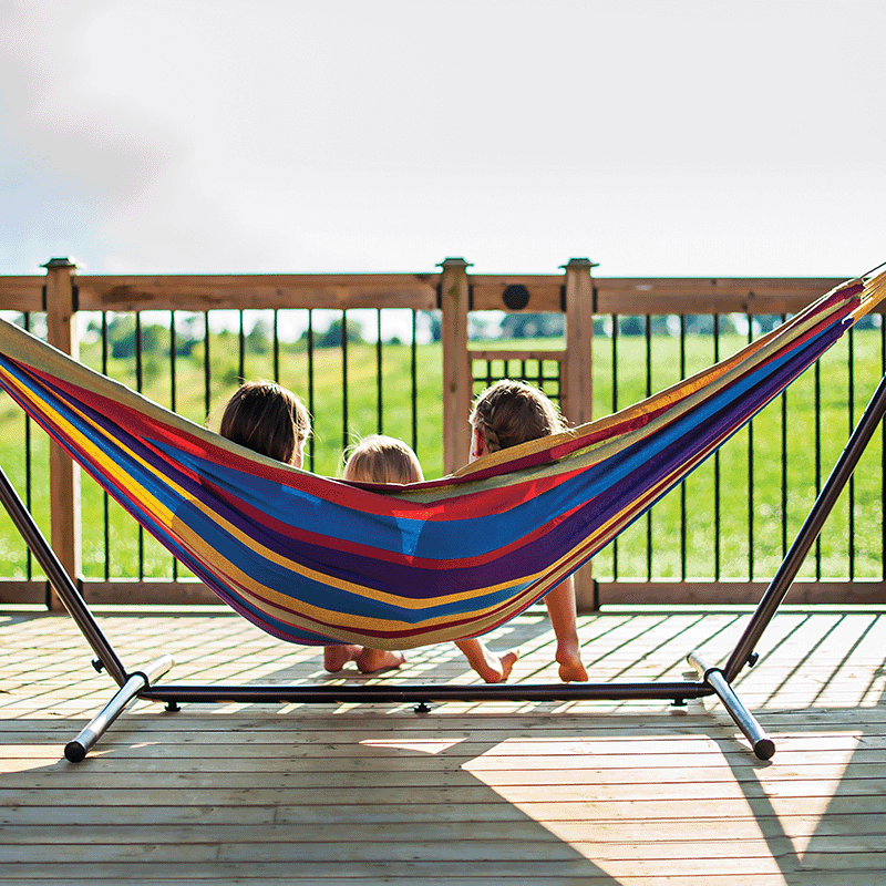 Open Box Vivere 9 Ft Double Hammock and Steel Stand Combo (Tropical Colour)