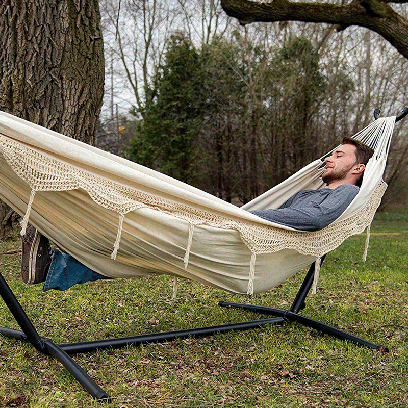 Open Box Vivere 9 Ft Double Hammock and Steel Stand Combo (Natural Colour)