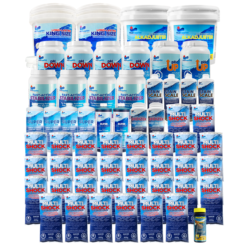 Trousse de produits chimiques pour l'approvisionnement saisonnier d'une piscine jusqu'à 100 000 litres
