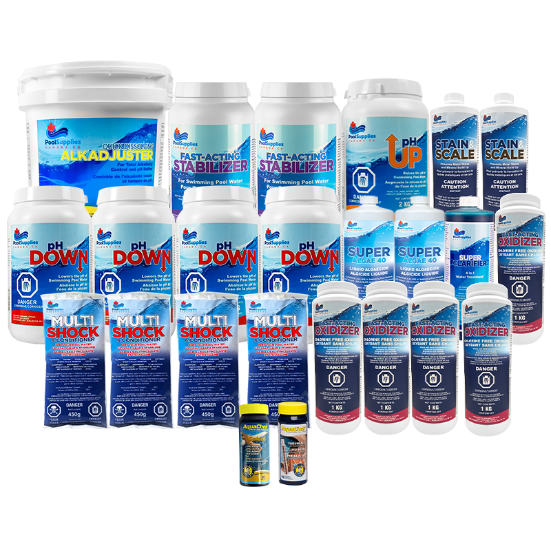 Ensemble de produits chimiques pour eau salée jusqu'à 50 000 litres pour une saison de piscine