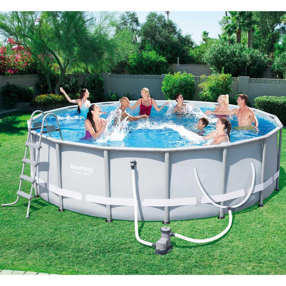 Bestway Power Steel Complete 16 ft Round Above Ground 48 inch Metal Frame Pool Kit with Pump, Filter, Cover and Ladder