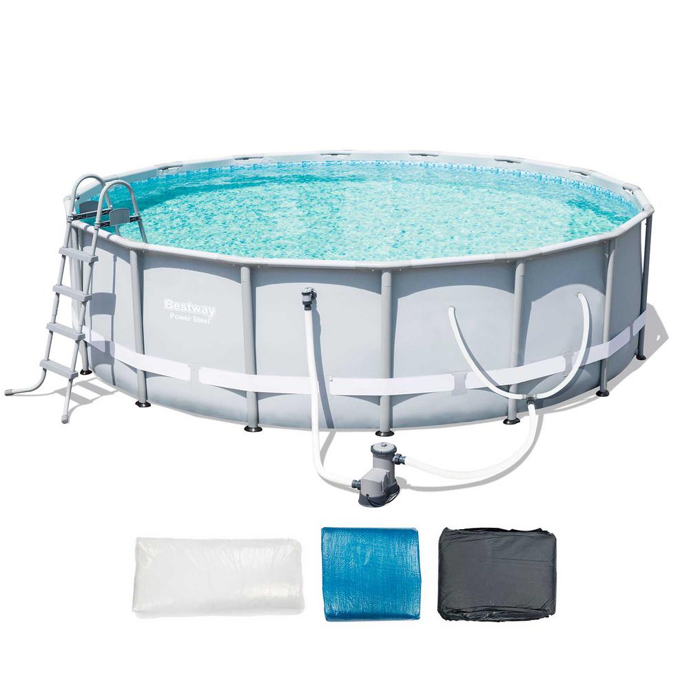 Bestway Power Steel Complete 16 ft Round Above Ground 48 inch Metal Frame Pool Kit with Pump, Filter, Cover and Ladder