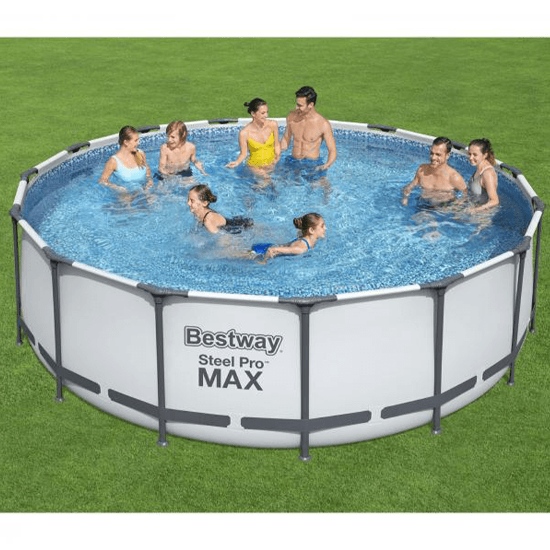 Open Box Ensemble complet de piscine hors terre ronde de 18 pieds et 48 pouces de haut Bestway Steel Pro Max avec pompe, filtre, et couverture