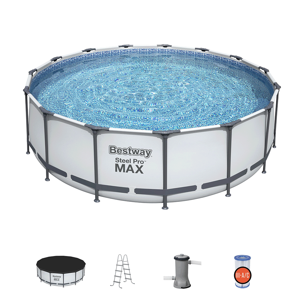 Open Box Ensemble complet de piscine hors terre ronde de 18 pieds et 48 pouces de haut Bestway Steel Pro Max avec pompe, filtre, et couverture