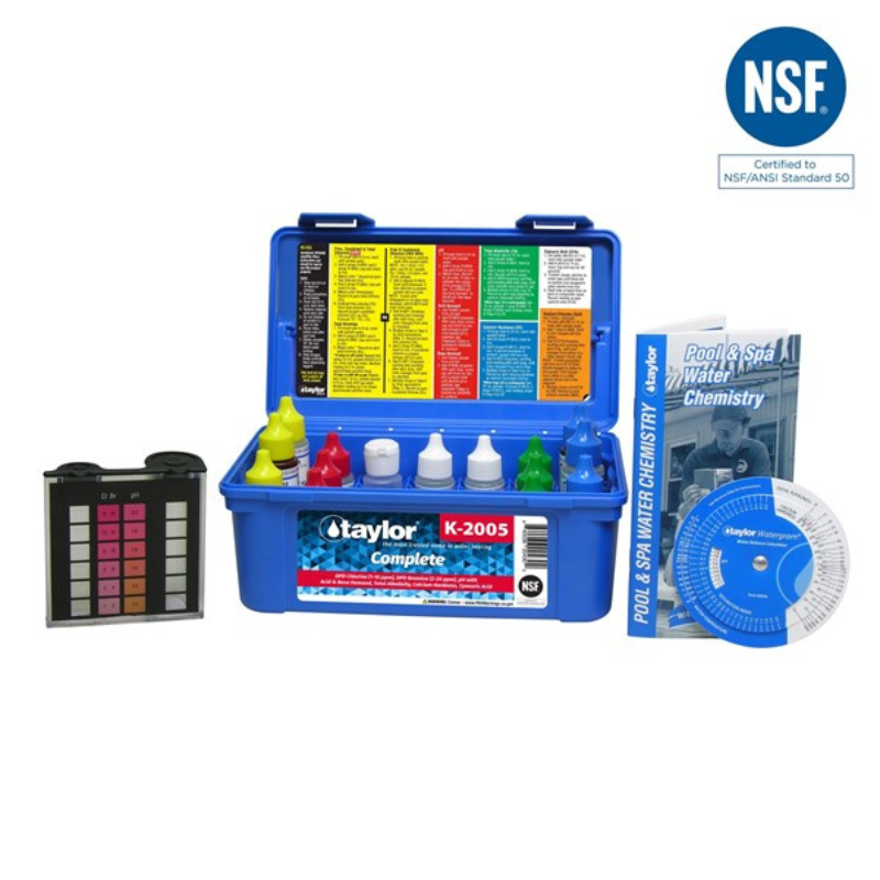 Taylor Complete Kit for Chlorine/Bromine, pH, Alkalinity, Hardness, CYA (DPD–high range) (.75 oz bottles)