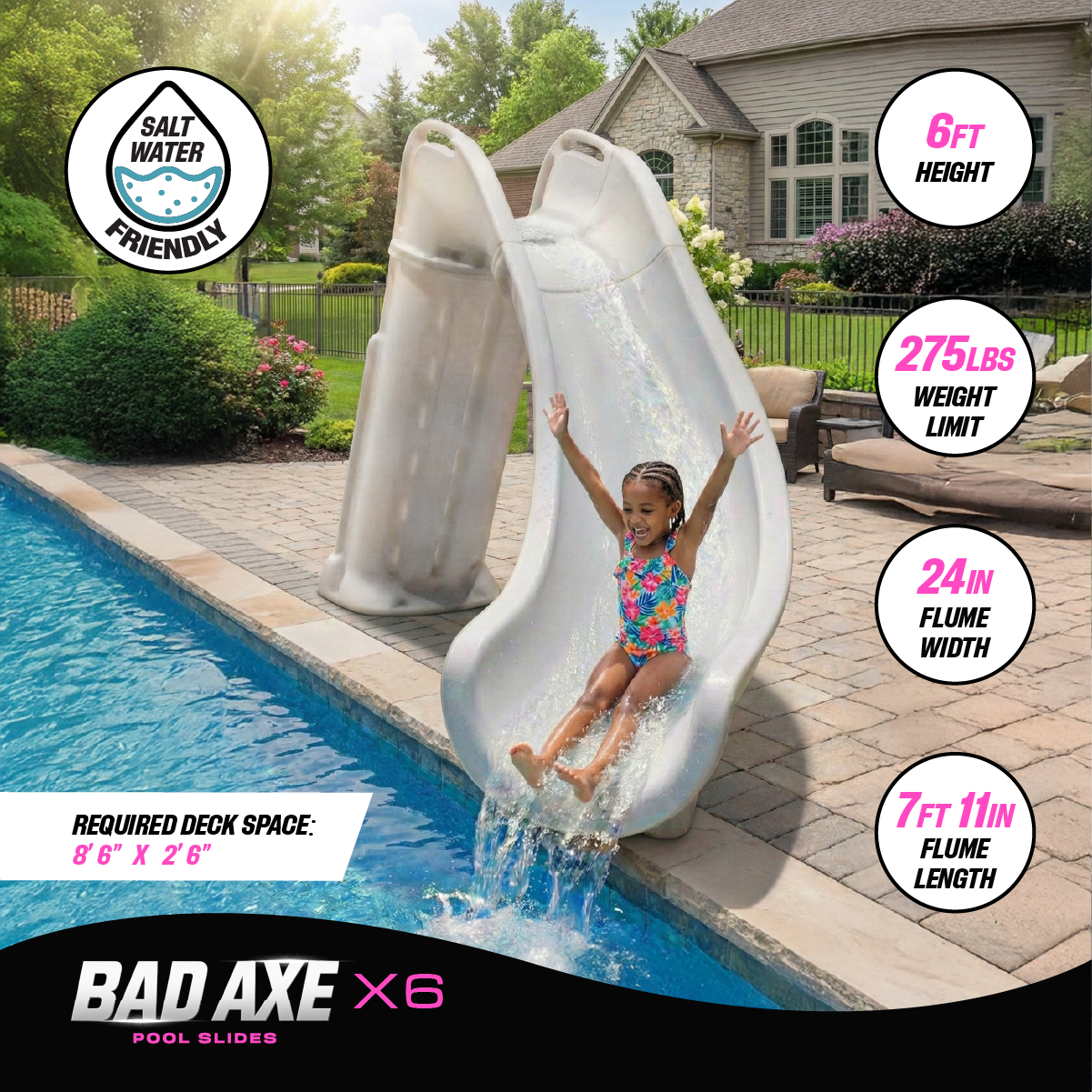 Bad Axe X6 Right Hand Turn Inground Pool Slide (Silver Quartz)