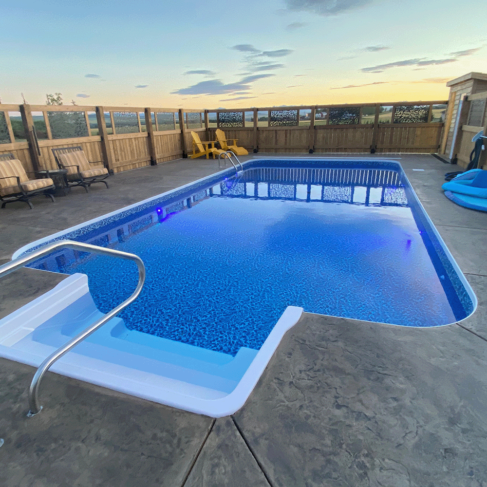 Clearance 16 x 32 ft Rectangle 2 Ft Radius Corners Inground Pool Complete Package with 8 ft Center Step and White Beach Pebble Liner