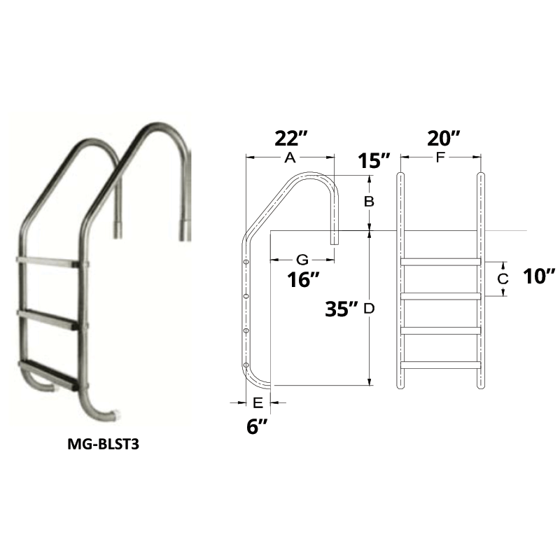 3 Step Stainless Steel Pool Ladder with White High Impact Plastic Treads