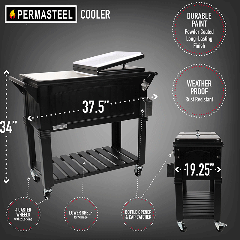 PermaSteel 80 Qt. Cooler with Shelf and Wheels (Black)