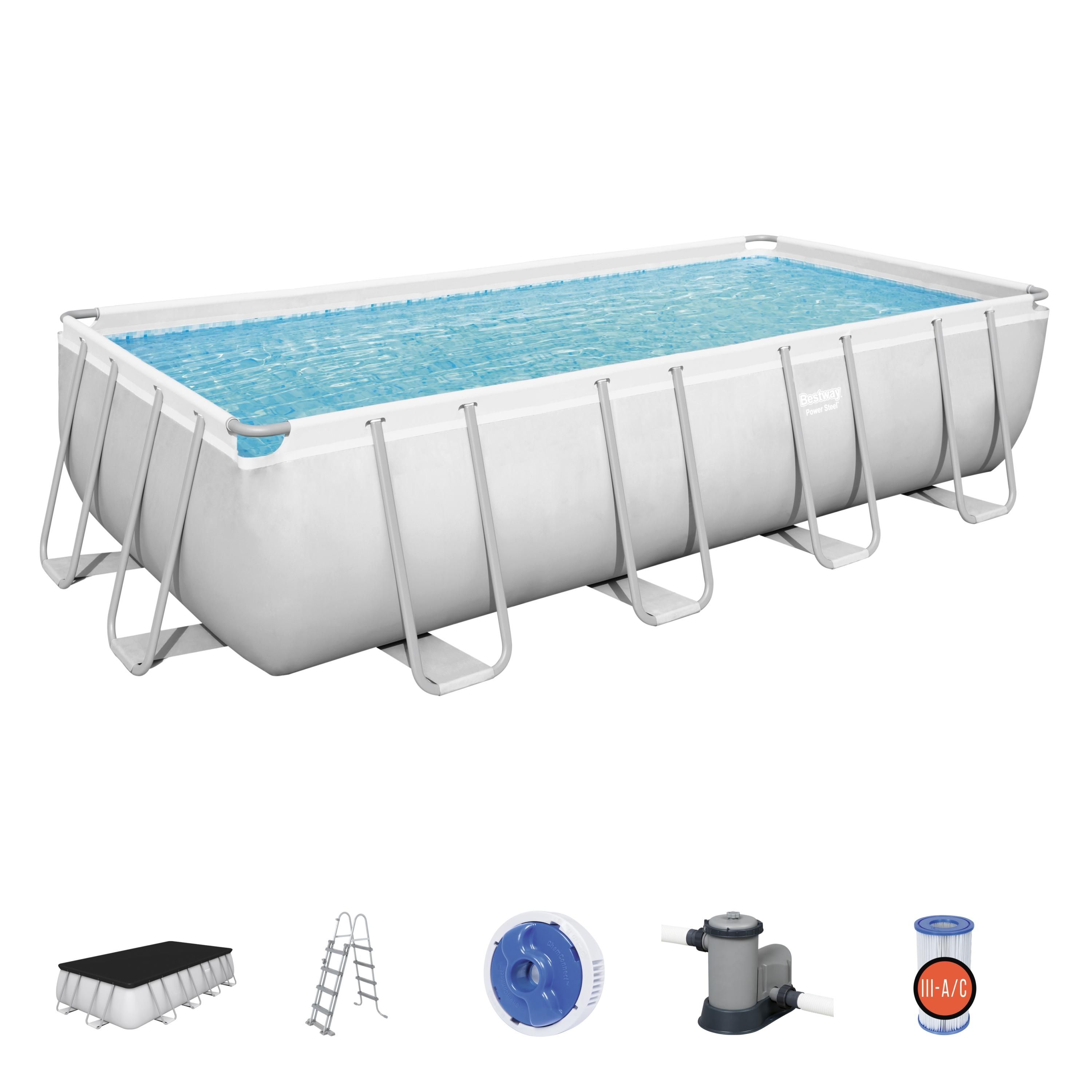 Bestway Power Steel Complete 9 x 18 ft Rectangular 48 Inch Tall Above Ground Pool Kit with Pump, Filter, Cover and Ladder