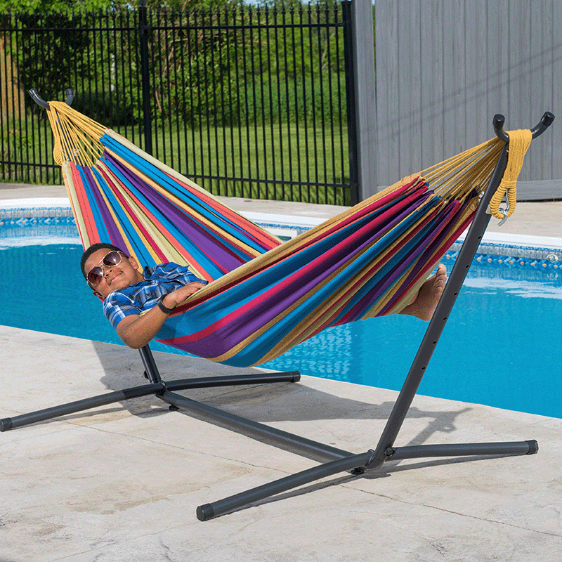 Vivere 9 Ft Double Hammock and Steel Stand Combo (Tropical Colour)